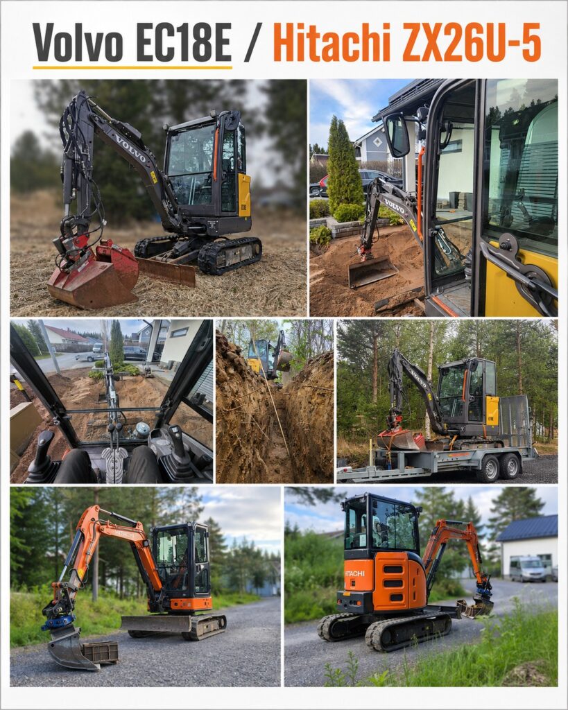 Kuvakollaasi Volvo EC18E- ja Hitachi ZX26U-5 -minikaivureista erilaisissa maanrakennustöissä